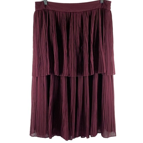 FAME & PARTNERS Maroon Red Chiffon Pleated Tiered Midi ROMAN Skirt Size 12 - Picture 4 of 7